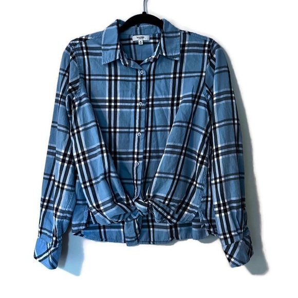 Kensie Tops - Kensie Blue Plaid Button Down Tie Front Button Down Shirt, Size Medium